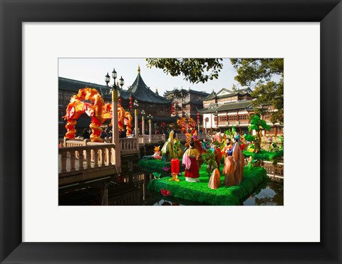 Framed Garden decorations by Mid-Lake Pavilion Teahouse, Yu Yuan Gardens, Shanghai, China Print