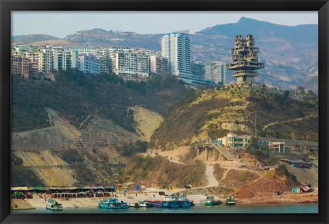 Framed Boats at the port with a newly built town on Yangtze River, Wanzhou, Chongqing Province, China Print