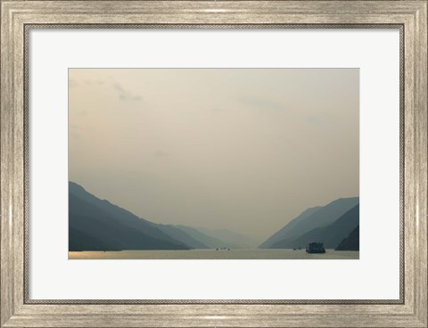 Framed Boats in the river with mountains in the background, Yangtze River, Fengdu, Chongqing Province, China Print