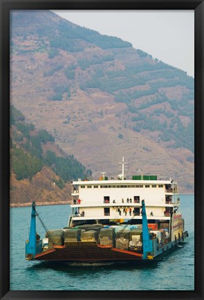 Framed Container ship in the river with mountains in the background, Yangtze River, Fengdu, Chongqing Province, China Print