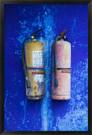 Framed Fire extinguishers on Blue Temple wall, Mingshan, Fengdu Ghost City, Fengdu, Yangtze River, Chongqing Province, China Print