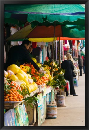 Framed Fruit stalls at a street market, Mingshan, Fengdu Ghost City, Fengdu, Yangtze River, Chongqing Province, China Print