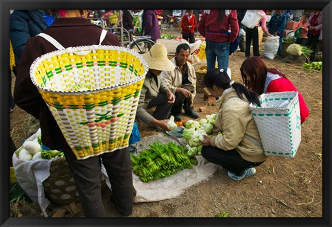 Framed People buying vegetables at a traditional town market, Xizhou, Erhai Hu Lake Area, Yunnan Province, China Print