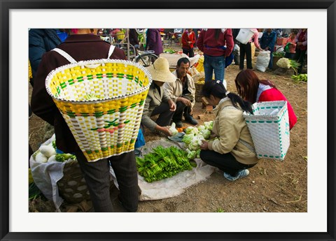 Framed People buying vegetables at a traditional town market, Xizhou, Erhai Hu Lake Area, Yunnan Province, China Print