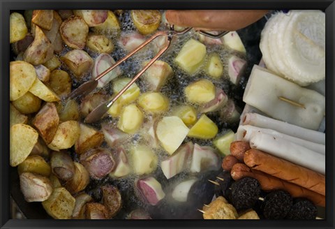 Framed Fried potatoes and snacks on the grill in a street market, Old Town, Lijiang, Yunnan Province, China Print