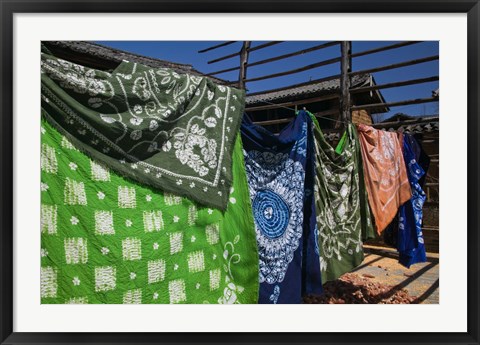 Framed Batik fabric souvenirs at a market stall, Baisha, Lijiang, Yunnan Province, China Print