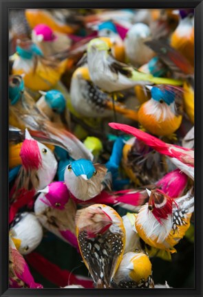 Framed Artificial birds for sale at a market stall, Yuen Po Street Bird Garden, Mong Kok, Kowloon, Hong Kong Print