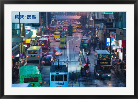 Framed Traffic on a street at night, Des Voeux Road Central, Central District, Hong Kong Island, Hong Kong Print