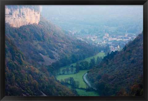 Framed Elevated view of a village at morning, Baume-les-Messieurs, Les Reculees, Jura, Franche-Comte, France Print