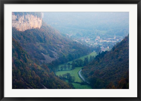 Framed Elevated view of a village at morning, Baume-les-Messieurs, Les Reculees, Jura, Franche-Comte, France Print