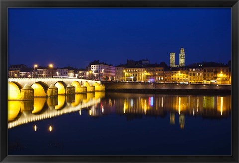 Framed Bridge lit up at night, Pont St-Laurent Bridge, Macon, Burgundy, Saone-et-Loire, France Print