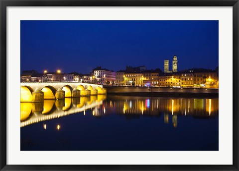 Framed Bridge lit up at night, Pont St-Laurent Bridge, Macon, Burgundy, Saone-et-Loire, France Print