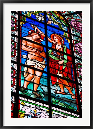 Framed Stained glass window at Cathedral of Notre Dame Le Puy, Le Puy-en-Velay, Haute-Loire, Auvergne, France Print