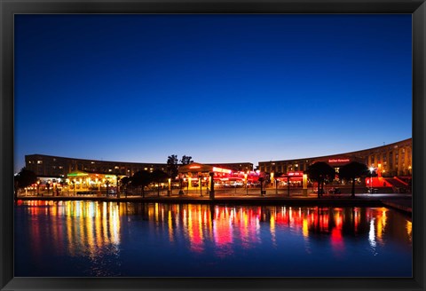 Framed Restaurants by the Esplanade de l&#39;Europe at dusk, Montpellier, Herault, Languedoc-Roussillon, France Print