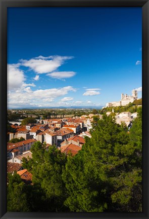 Framed Elevated view of a town with Cathedrale Saint-Nazaire in the background, Beziers, Herault, Languedoc-Roussillon, France Print