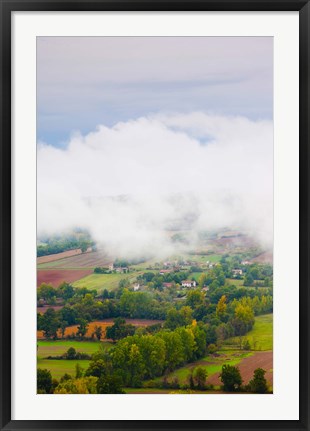 Framed Elevated view of the Cerou Valley from Place de la Bride in fog, Cordes-sur-Ciel, Tarn, Midi-Pyrenees, France Print