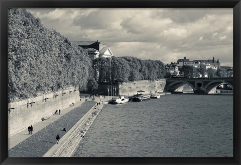 Framed Boats at Quai de la Daurade, Toulouse, Haute-Garonne, Midi-Pyrenees, France (black and white) Print