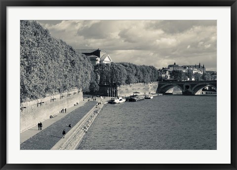 Framed Boats at Quai de la Daurade, Toulouse, Haute-Garonne, Midi-Pyrenees, France (black and white) Print