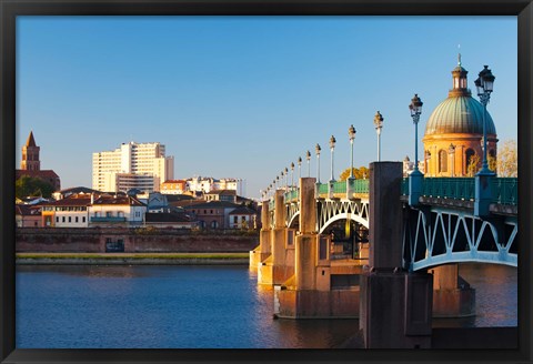 Framed Pont Saint-Pierre bridge and the dome of the Hopital de la Grave at sunrise, Toulouse, Haute-Garonne, Midi-Pyrenees, France Print