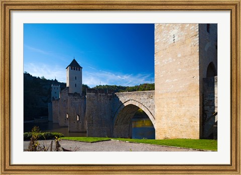 Framed Medieval bridge across a river, Pont Valentre, Lot River, Cahors, Lot, Midi-Pyrenees, France Print