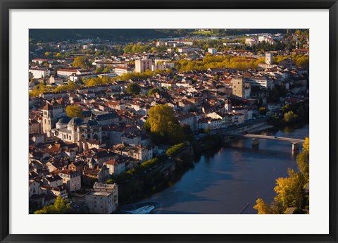 Framed Elevated view of a town viewed from Mont St-Cyr, Cahors, Lot, Midi-Pyrenees, France Print