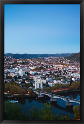 Framed Elevated view of a Town at Dusk, Cahors, Lot, Midi-Pyrenees, France Print