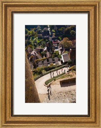 Framed Elevated view of a village with Chateau de Castelnaud, Castelnaud-la-Chapelle, Dordogne, Aquitaine, France Print