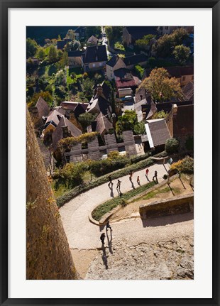 Framed Elevated view of a village with Chateau de Castelnaud, Castelnaud-la-Chapelle, Dordogne, Aquitaine, France Print