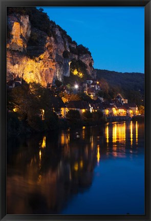 Framed Buildings lit up at evening, Dordogne River, La Roque-Gageac, Dordogne, Aquitaine, France Print