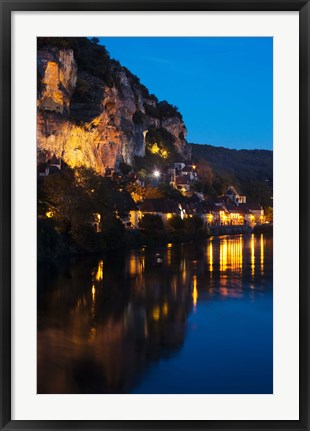 Framed Buildings lit up at evening, Dordogne River, La Roque-Gageac, Dordogne, Aquitaine, France Print