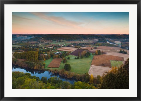 Framed Elevated view of the Dordogne River Valley in fog from the Belvedere de la Barre at dawn, Domme, Dordogne, Aquitaine, France Print