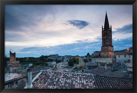 Framed Elevated view of a town with Eglise Monolithe church at dusk, Saint-Emilion, Gironde, Aquitaine, France Print