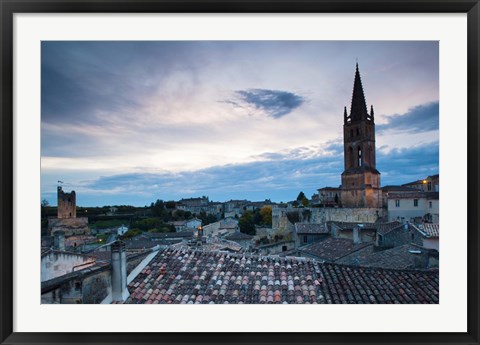 Framed Elevated view of a town with Eglise Monolithe church at dusk, Saint-Emilion, Gironde, Aquitaine, France Print