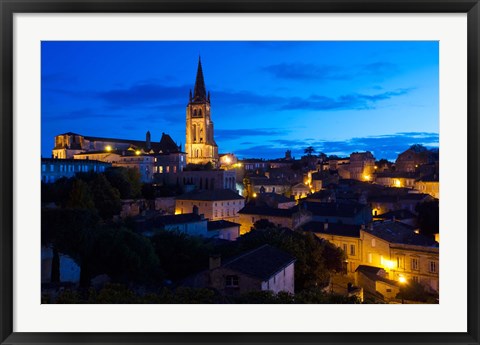 Framed Elevated view of a Town with Eglise Monolithe Church at Dawn, Saint-Emilion, Gironde, Aquitaine, France Print