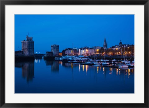 Framed Tour St-Nicholas and Tour de la Chaine towers at dawn, Old Port, La Rochelle, Charente-Maritime, Poitou-Charentes, France Print