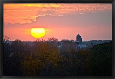 Framed Trees and farm sunset, Wisconsin, USA Print