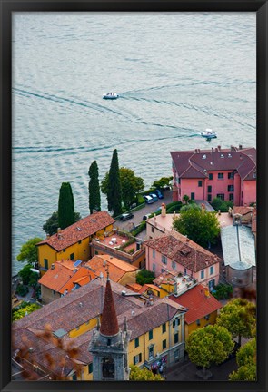 Framed High angle view of buildings in a town at the lakeside, Varenna, Lake Como, Lombardy, Italy Print