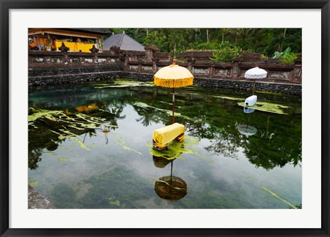 Framed Covered stones with umbrella in ritual pool at holy spring temple, Tirta Empul Temple, Tampaksiring, Bali, Indonesia Print