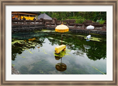 Framed Covered stones with umbrella in ritual pool at holy spring temple, Tirta Empul Temple, Tampaksiring, Bali, Indonesia Print