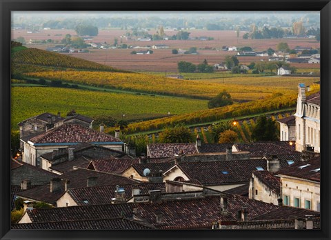 Framed Elevated town view with Vineyards, Saint-Emilion, Gironde, Aquitaine, France Print