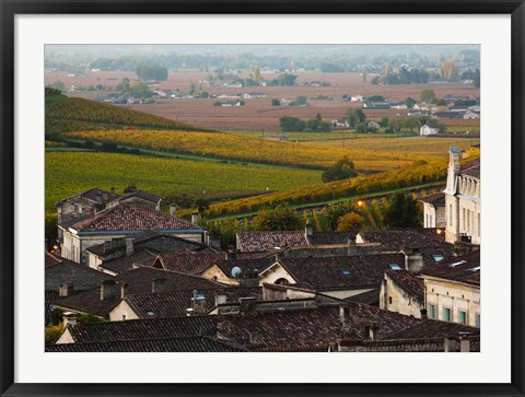 Framed Elevated town view with Vineyards, Saint-Emilion, Gironde, Aquitaine, France Print