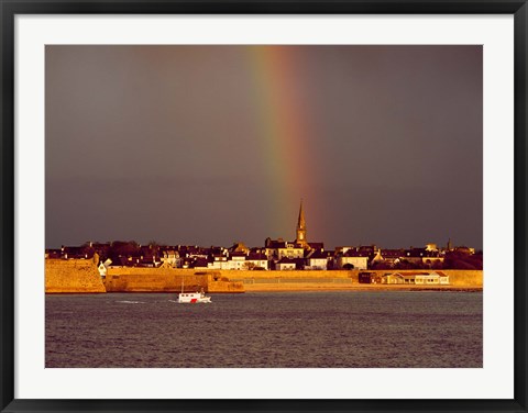 Framed Fishing boat in front of citadel, Vauban Citadel, Port-Louis, Morbihan, Brittany, France Print