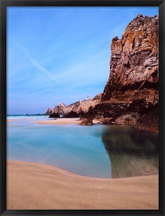 Framed Beach with a lighthouse in the background, Pointe Du Toulinguet, Crozon, Finistere, Brittany, France Print