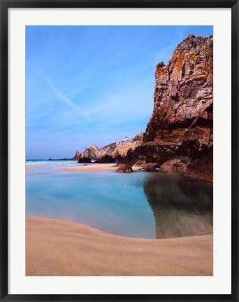 Framed Beach with a lighthouse in the background, Pointe Du Toulinguet, Crozon, Finistere, Brittany, France Print