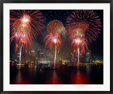 Framed Fireworks display at night on Freedom Festival at Detroit (in Michigan, USA) viewed from Windsor, Ontario, Canada 2013 Print