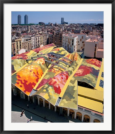 Framed High angle view of Santa Caterina Market with cityscape in the background, Barcelona, Catalonia, Spain Print