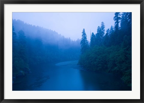 Framed River passing through a forest in the rainy morning, Jedediah Smith Redwoods State Park, Crescent City, California, USA Print