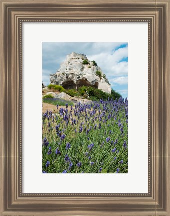 Framed Lavender field in front of ruins of fortress on a rock, Les Baux-de-Provence, Provence-Alpes-Cote d&#39;Azur, France Print