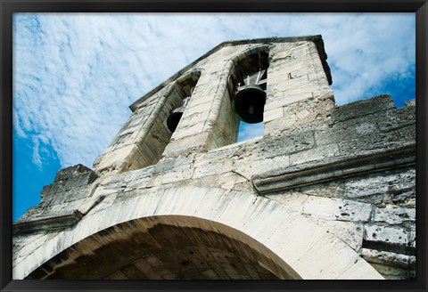 Framed Low angle view of a bell tower on a bridge, Pont Saint-Benezet, Rhone River, Provence-Alpes-Cote d&#39;Azur, France Print