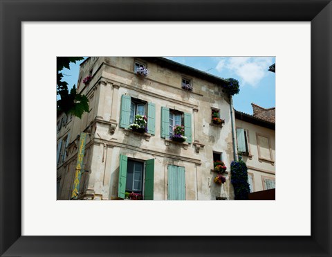 Framed View of an old building with flower pots on each window, Rue Des Arenes, Arles, Provence-Alpes-Cote d&#39;Azur, France Print